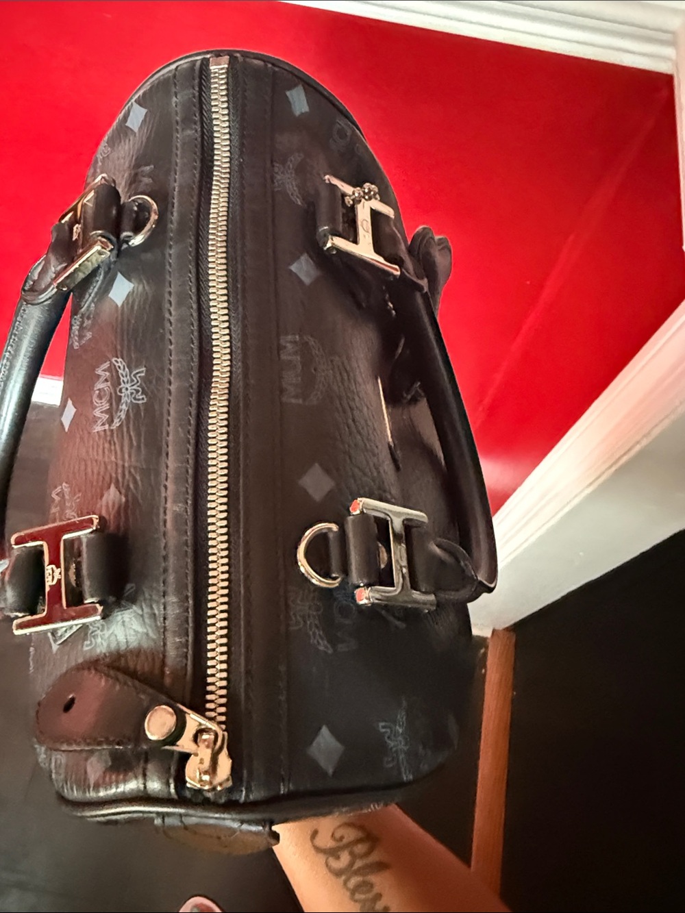 MCM Black Monogram Leather Satchel with Bone Charm - Picture 10 of 12